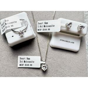 Moissanite Heart 3PC Set: Ring, Necklace & Earrings - Silver